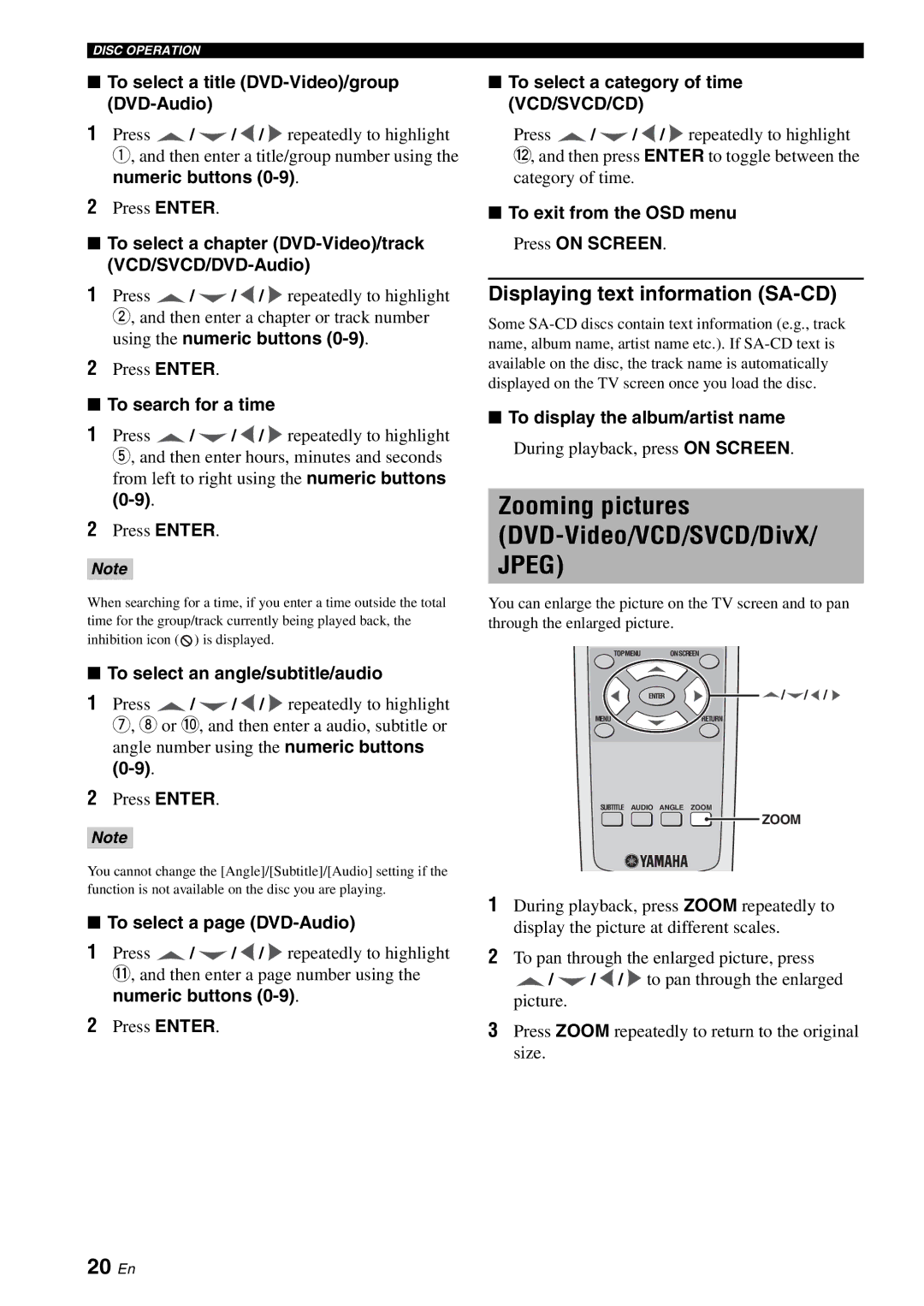 Yamaha DVD-S2700 manual Zooming pictures DVD-Video/VCD/SVCD/DivX/ Jpeg, 20 En, Displaying text information SA-CD 