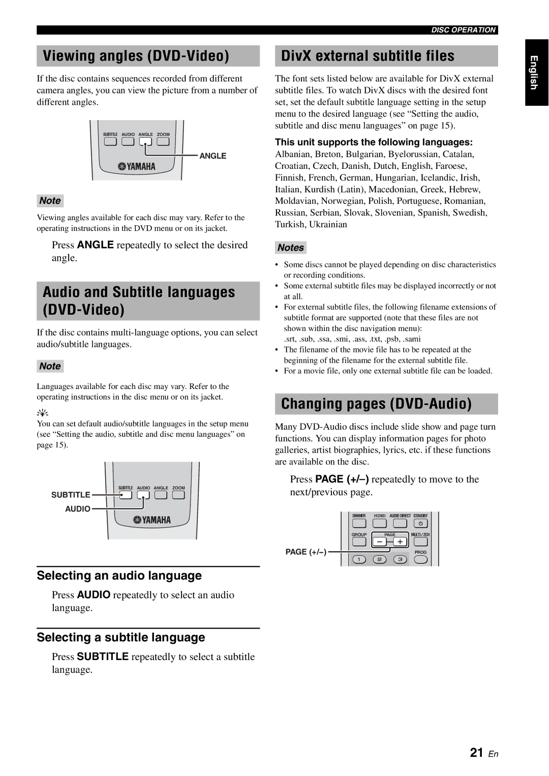 Yamaha DVD-S2700 Viewing angles DVD-Video, Audio and Subtitle languages DVD-Video, DivX external subtitle files, 21 En 