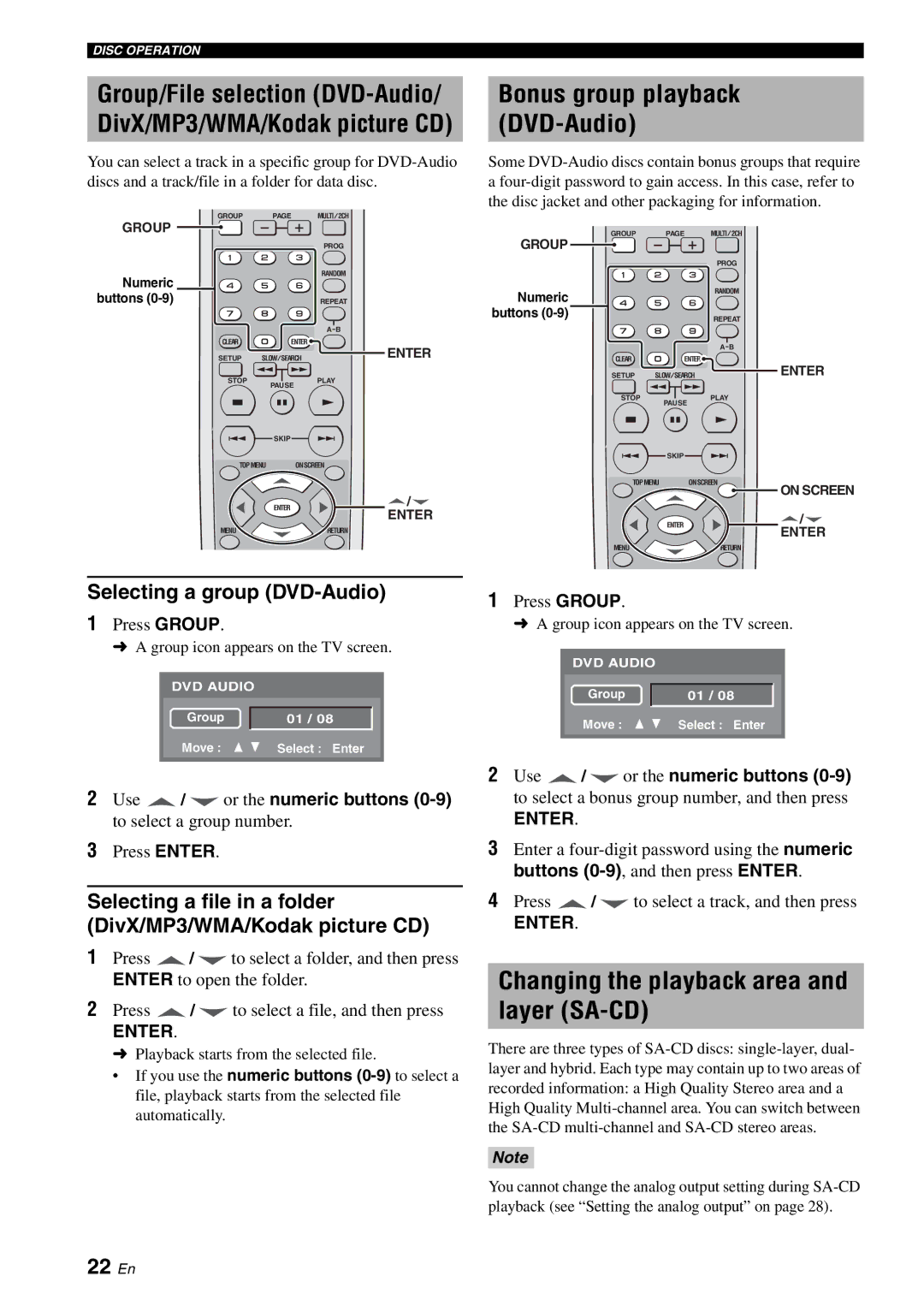 Yamaha DVD-S2700 manual Changing the playback area and layer SA-CD, Bonus group playback DVD-Audio, 22 En 