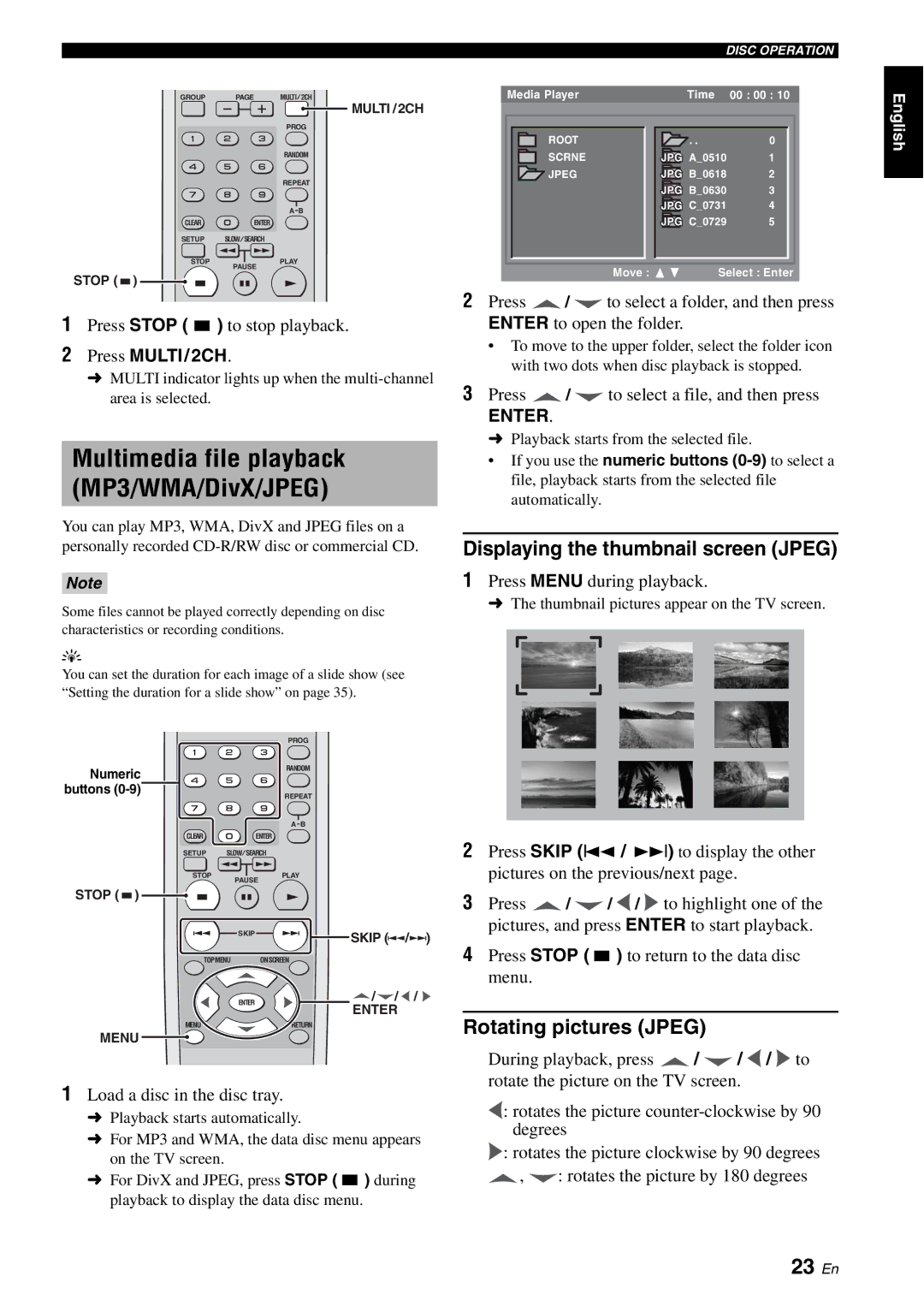 Yamaha DVD-S2700 manual Multimedia file playback MP3/WMA/DivX/JPEG, 23 En, Displaying the thumbnail screen Jpeg 