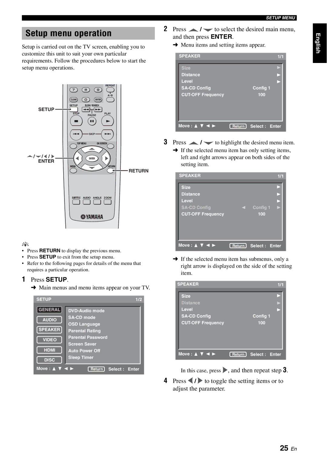 Yamaha DVD-S2700 manual Setup menu operation, 25 En, Main menus and menu items appear on your TV 