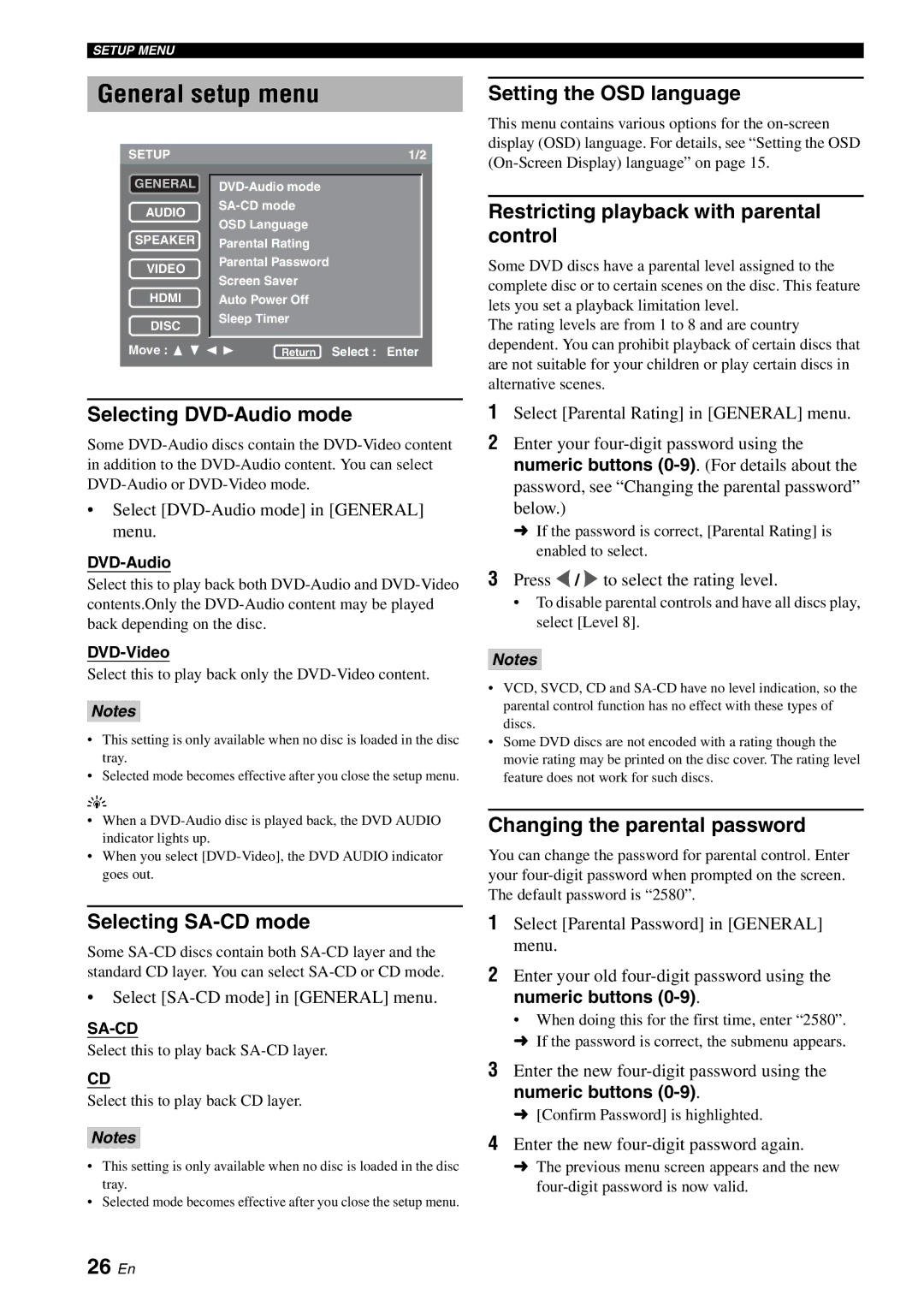 Yamaha DVD-S2700 manual General setup menu, 26 En 