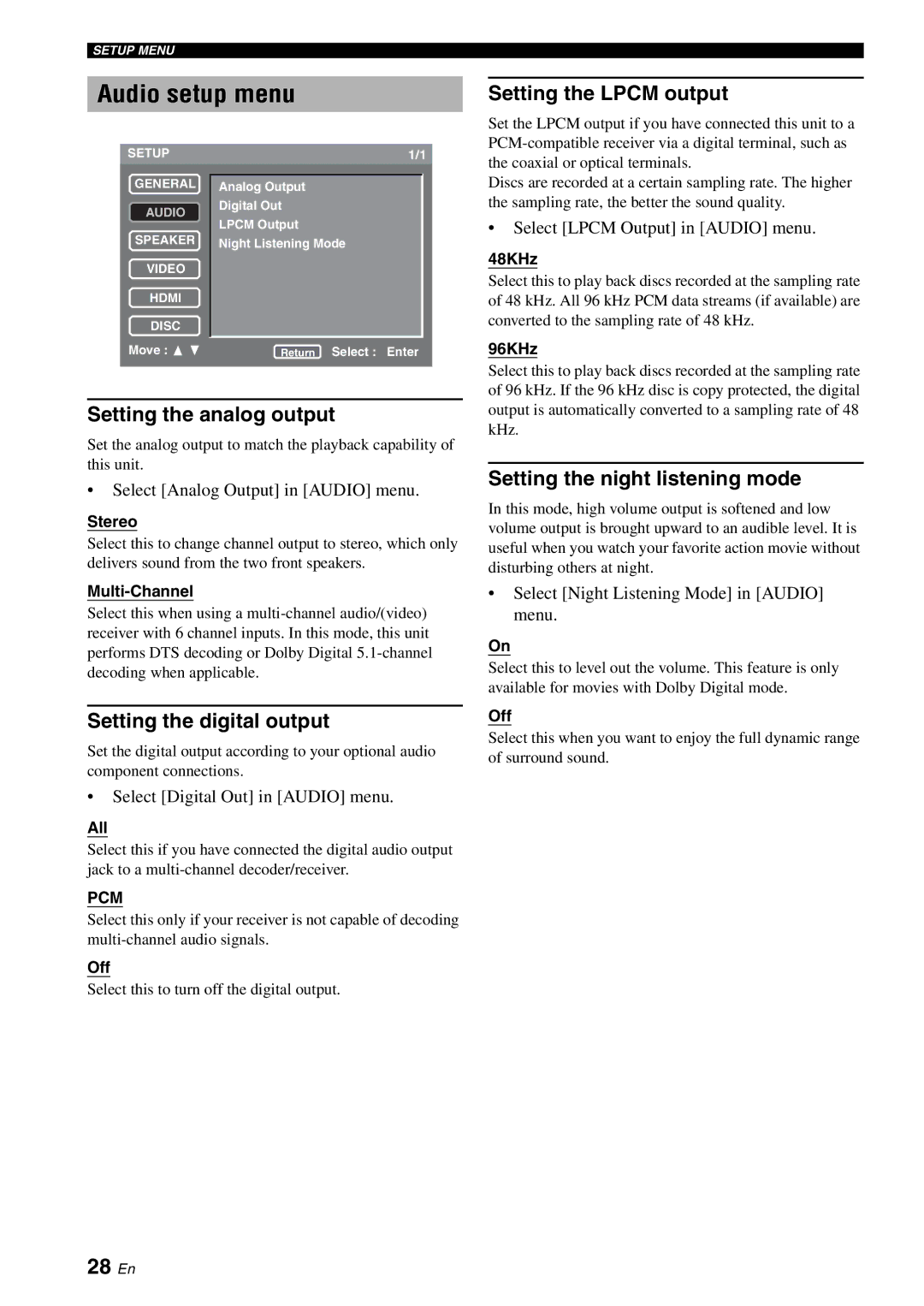 Yamaha DVD-S2700 manual Audio setup menu, 28 En 