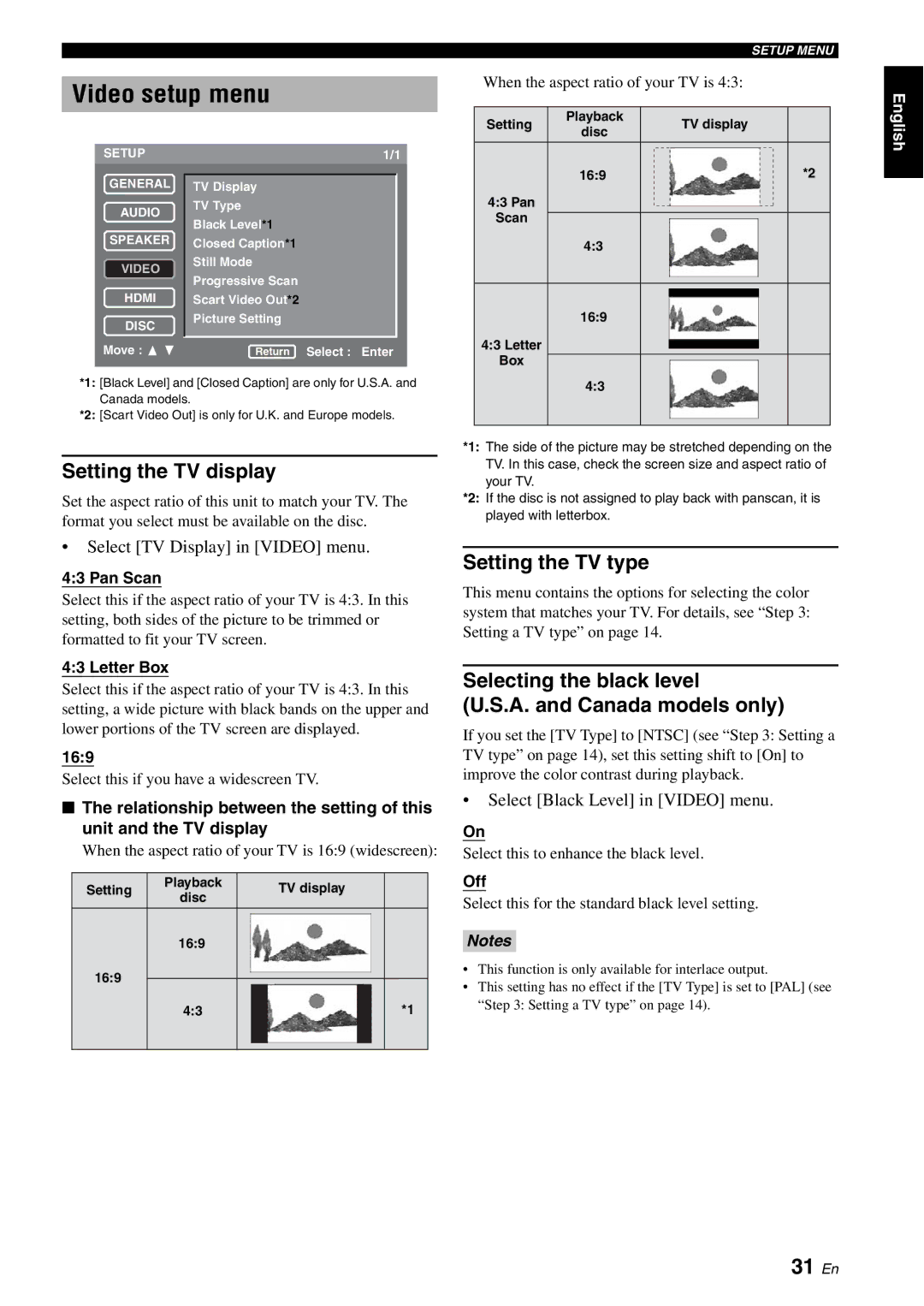 Yamaha DVD-S2700 manual Video setup menu, 31 En, Setting the TV display, Setting the TV type 