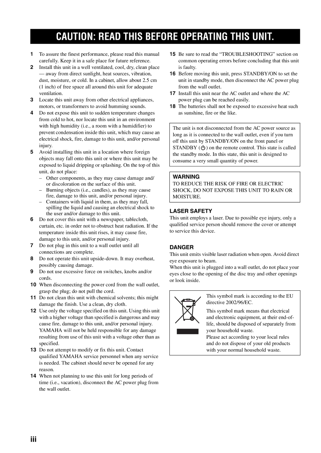 Yamaha DVD-S2700 manual Iii, Laser Safety 