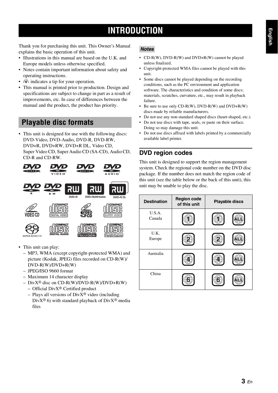 Yamaha DVD-S2700 manual Introduction, Playable disc formats, DVD region codes 