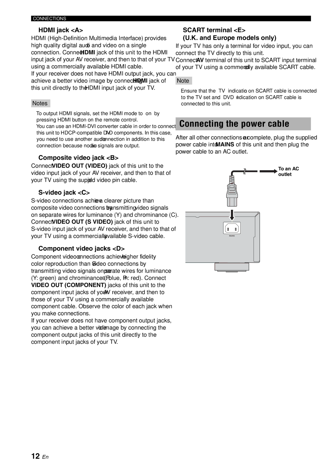 Yamaha DVD-S2700B manual Connecting the power cable, 12 En 