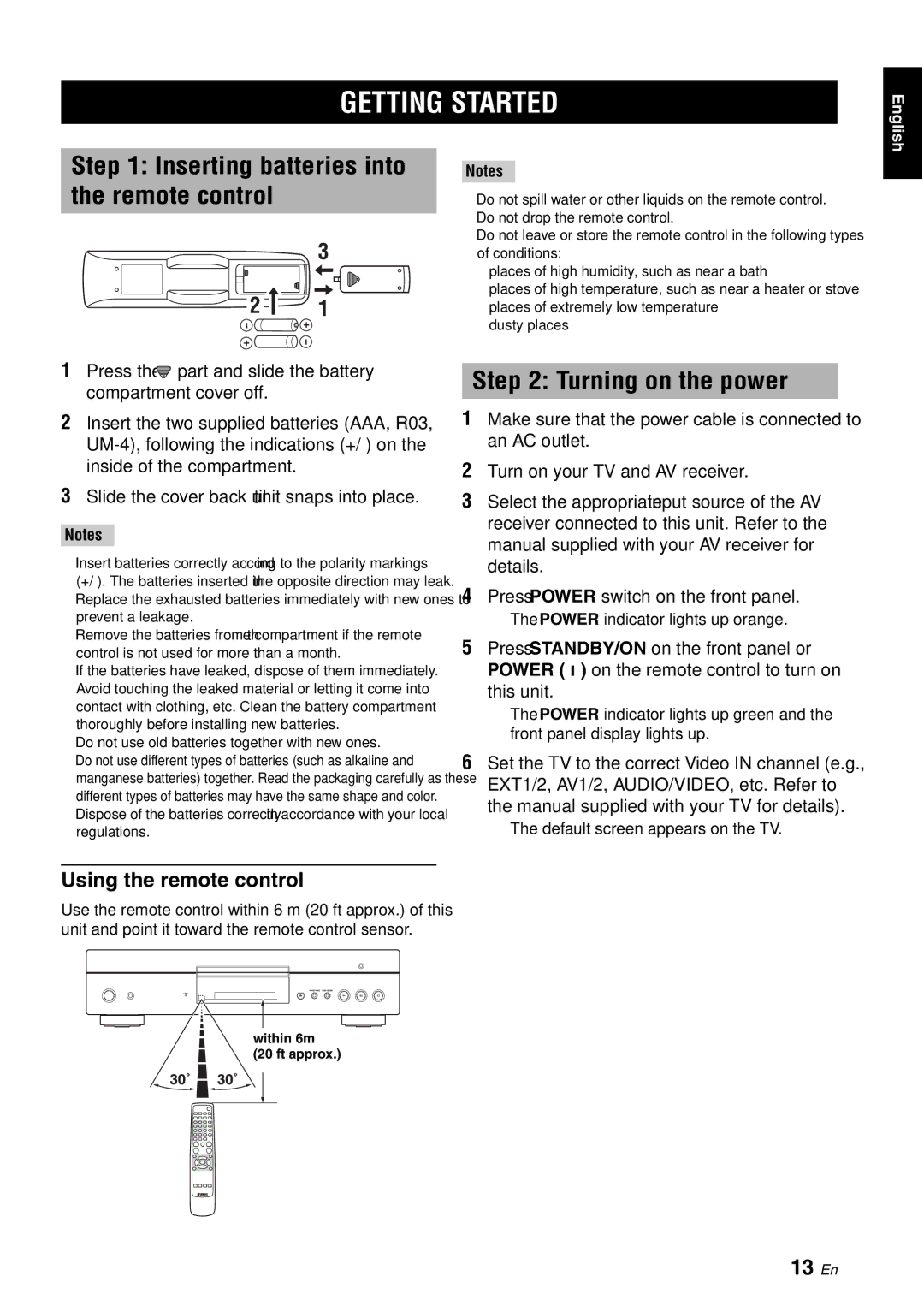 Yamaha DVD-S2700B manual Getting Started, Inserting batteries into the remote control, Turning on the power, 13 En 