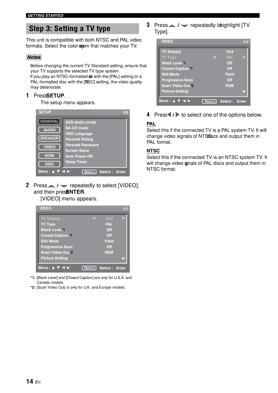 Yamaha DVD-S2700B manual Setting a TV type, 14 En, Press Setup, Press / repeatedly to highlight TV Type 