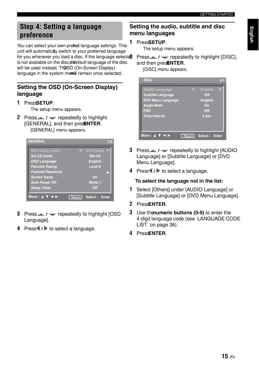 Yamaha DVD-S2700B manual Setting a language preference, 15 En, Setting the OSD On-Screen Display language 