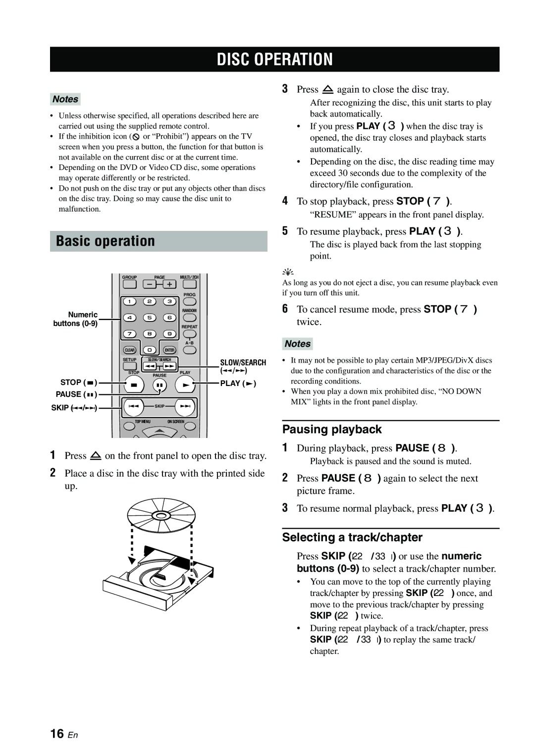 Yamaha DVD-S2700B manual Disc Operation, Basic operation, 16 En, Pausing playback, Selecting a track/chapter 