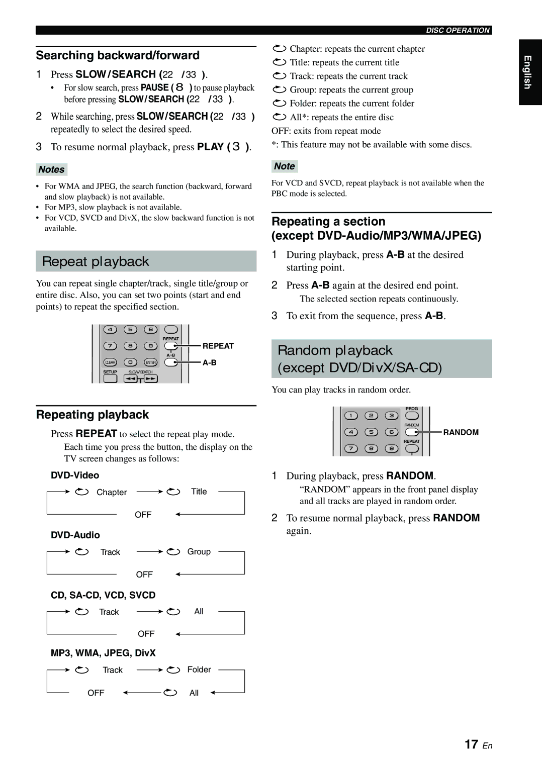 Yamaha DVD-S2700B manual Repeat playback, Random playback except DVD/DivX/SA-CD, 17 En 