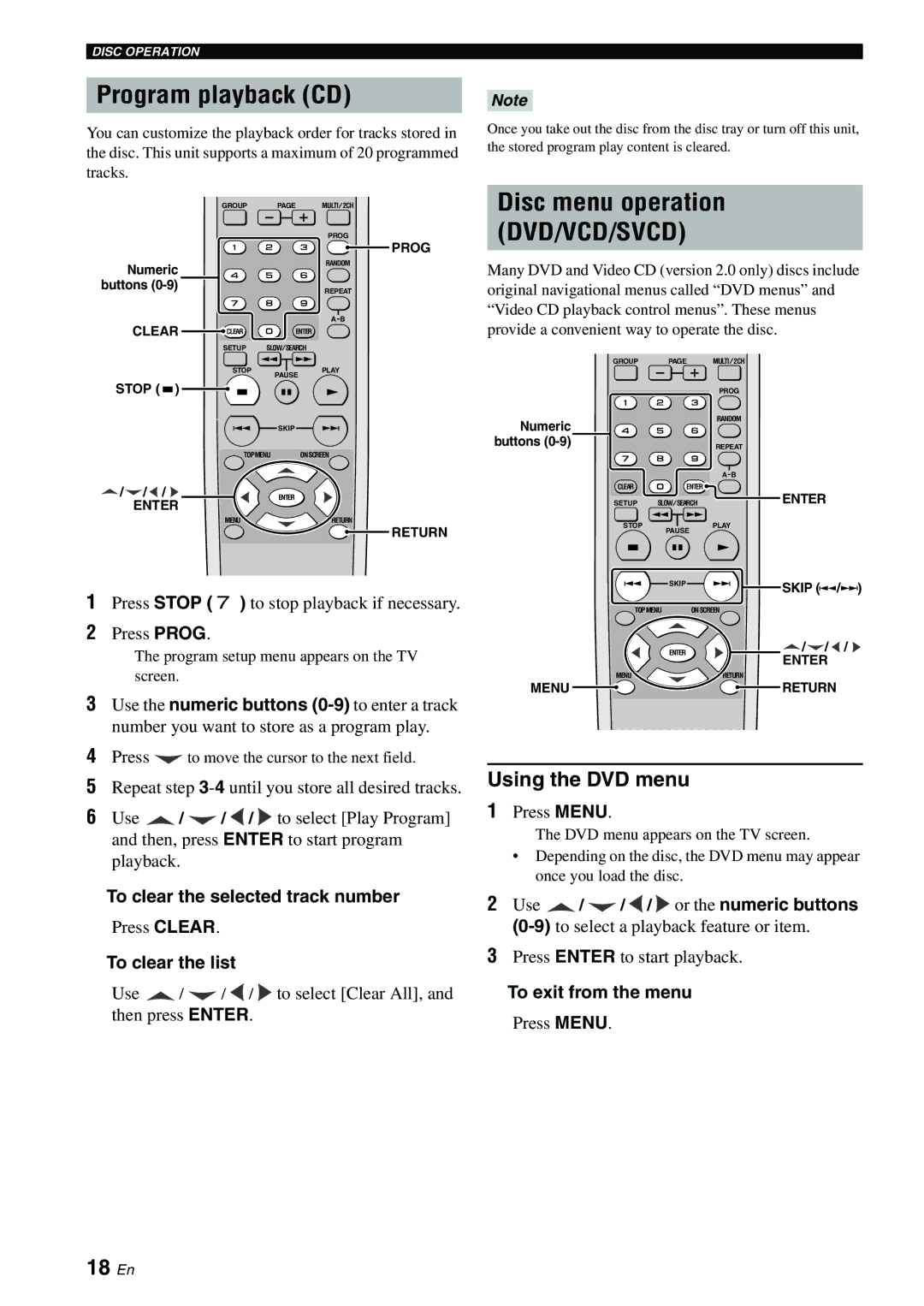 Yamaha DVD-S2700B manual Program playback CD, Disc menu operation DVD/VCD/SVCD, 18 En, Using the DVD menu 