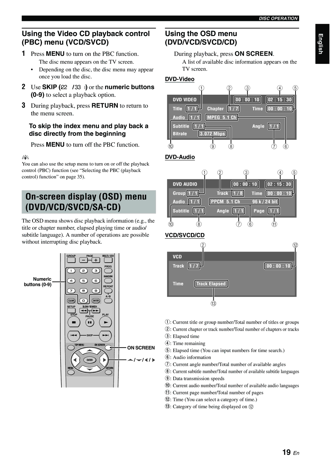 Yamaha DVD-S2700B manual On-screen display OSD menu DVD/VCD/SVCD/SA-CD, 19 En, Using the OSD menu DVD/VCD/SVCD/CD 