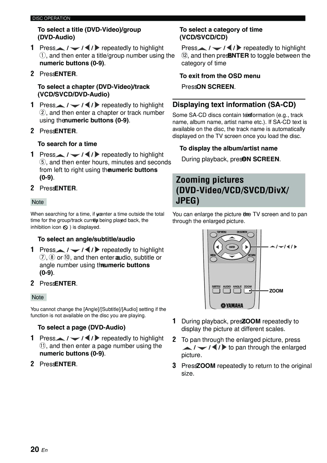Yamaha DVD-S2700B manual Zooming pictures DVD-Video/VCD/SVCD/DivX/ Jpeg, 20 En, Displaying text information SA-CD 