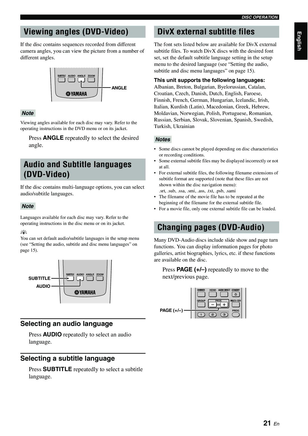 Yamaha DVD-S2700B Viewing angles DVD-Video, Audio and Subtitle languages DVD-Video, DivX external subtitle files, 21 En 