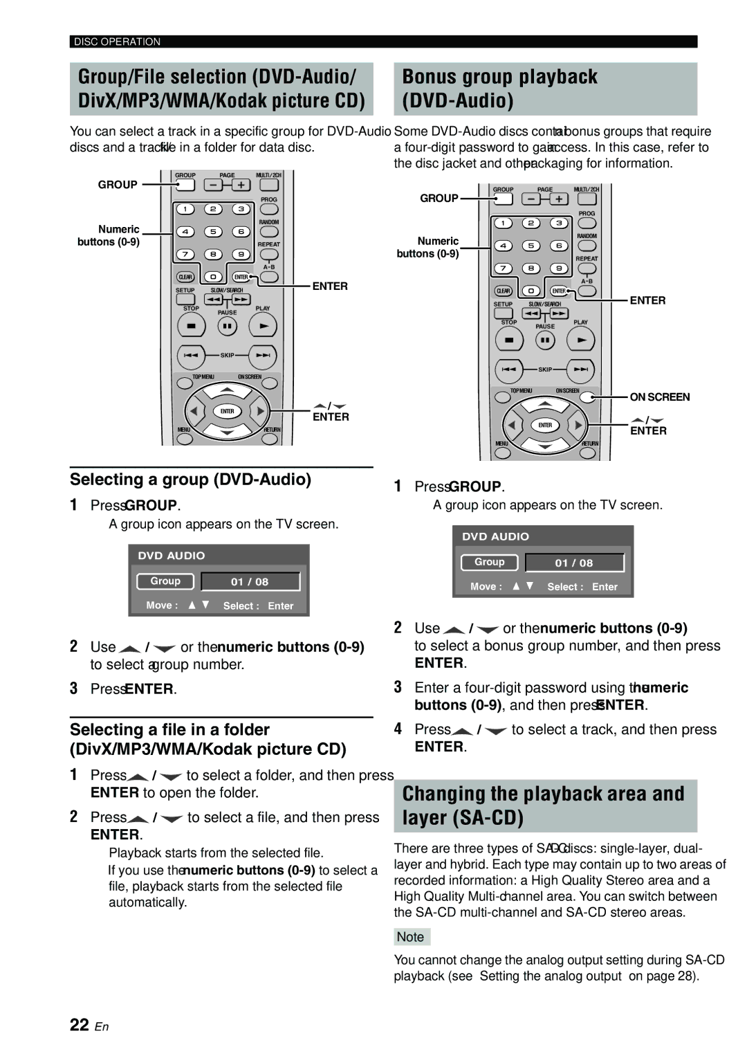 Yamaha DVD-S2700B manual Changing the playback area and layer SA-CD, Bonus group playback DVD-Audio, 22 En 