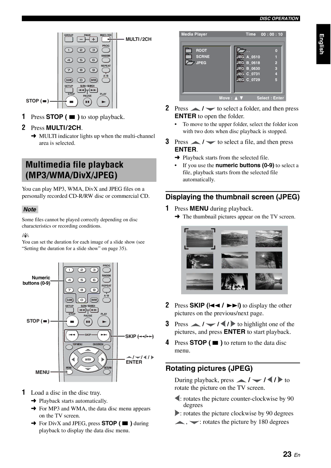 Yamaha DVD-S2700B manual Multimedia file playback MP3/WMA/DivX/JPEG, 23 En, Displaying the thumbnail screen Jpeg 