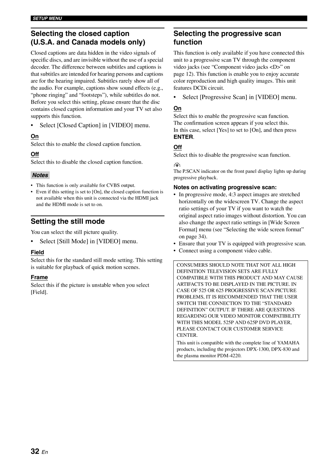 Yamaha DVD-S2700B manual 32 En, Selecting the closed caption U.S.A. and Canada models only, Setting the still mode 