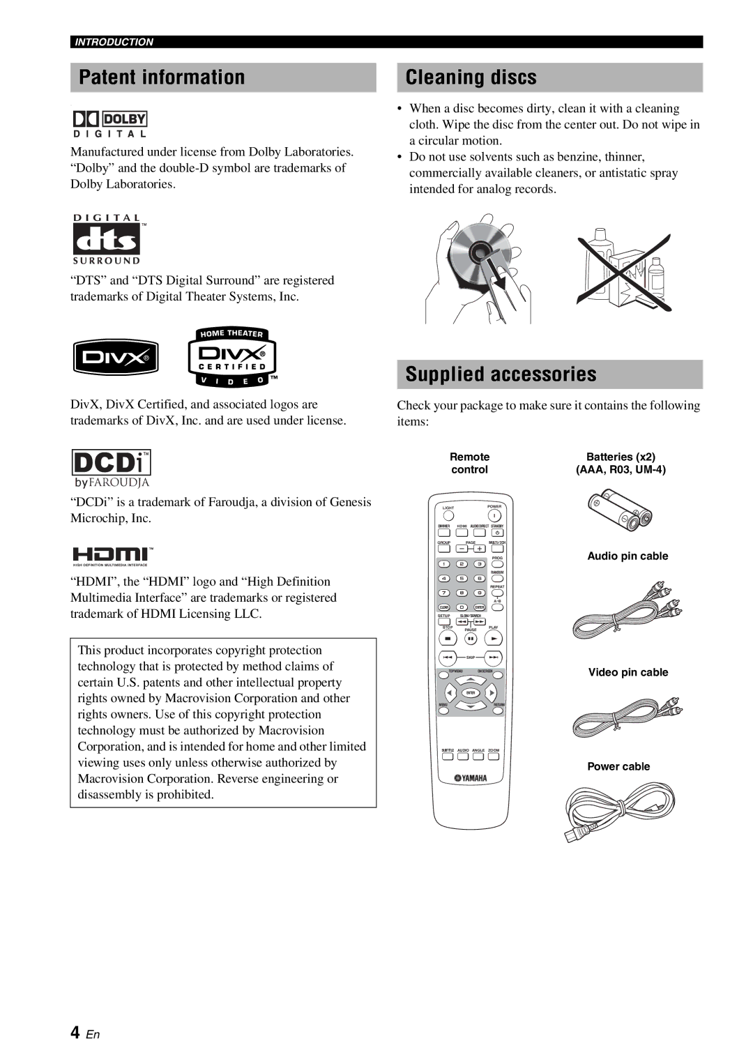 Yamaha DVD-S2700B manual Patent information, Cleaning discs, Supplied accessories 