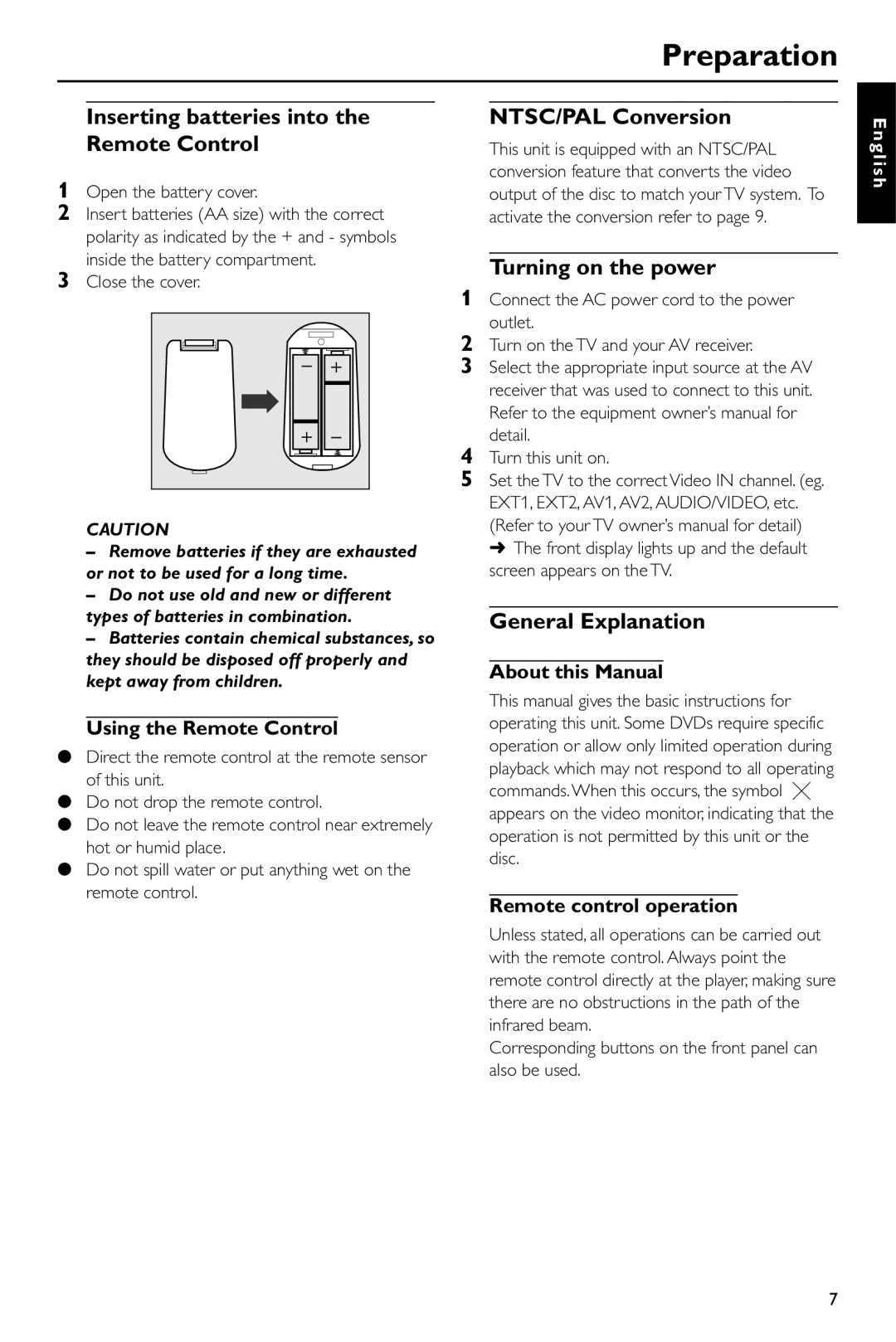 Yamaha DVD-S530 owner manual Inserting batteries into the Remote Control, NTSC/PAL Conversion, Turning on the power 