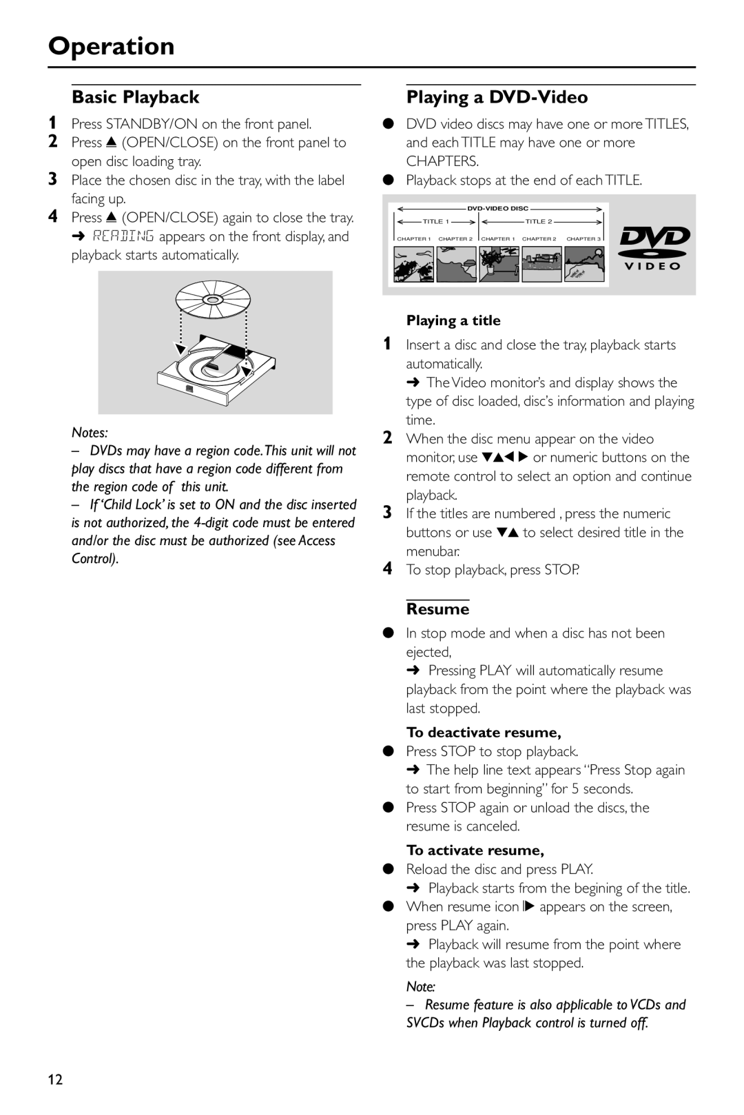 Yamaha DVD-S530 owner manual Operation, Basic Playback, Playing a DVD-Video, Resume 