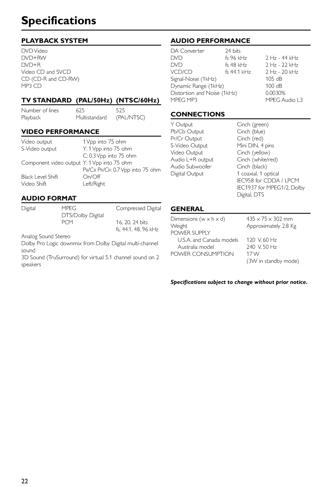 Yamaha DVD-S530 owner manual Specifications 