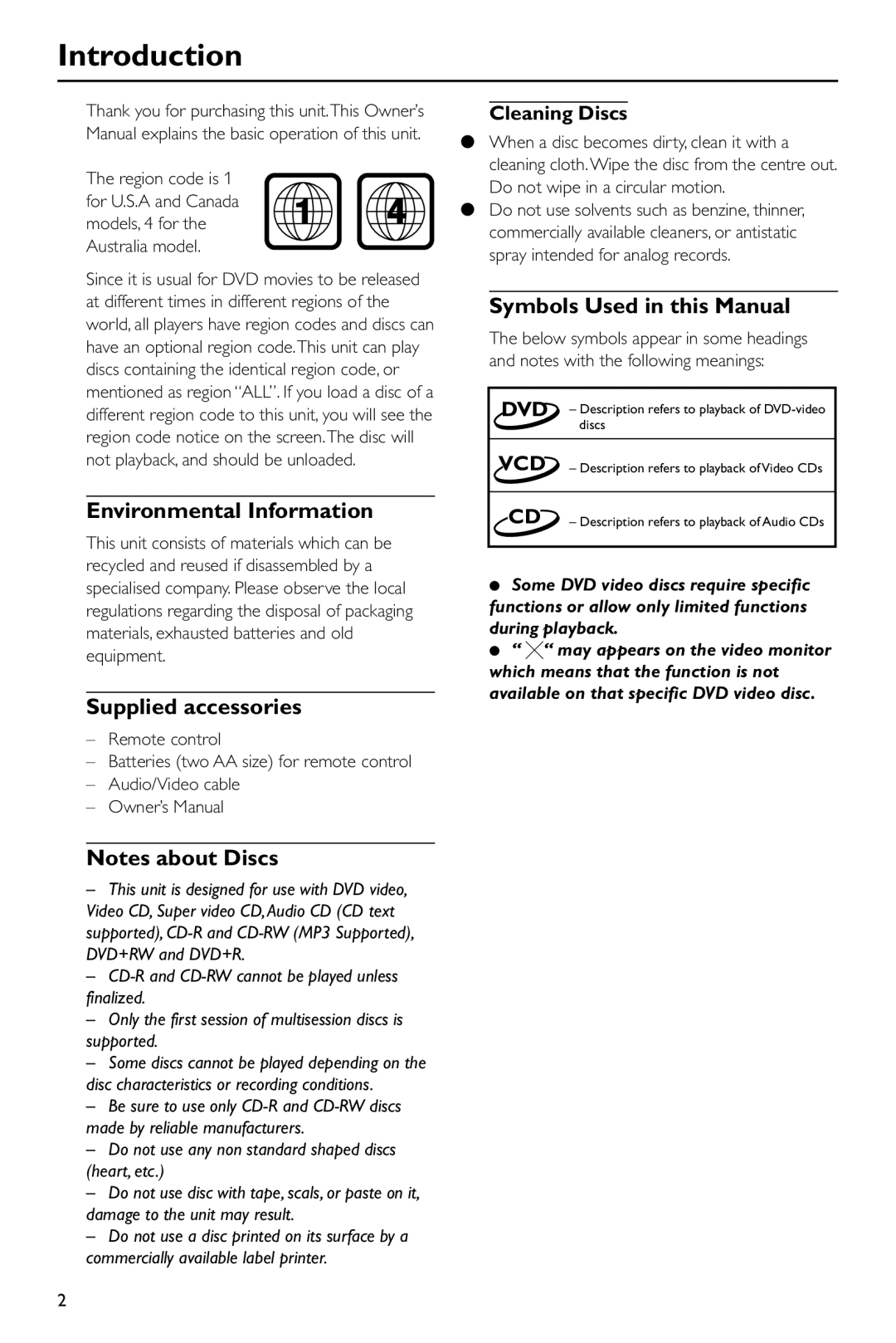 Yamaha DVD-S530 Introduction, Environmental Information, Supplied accessories, Symbols Used in this Manual, Cleaning Discs 