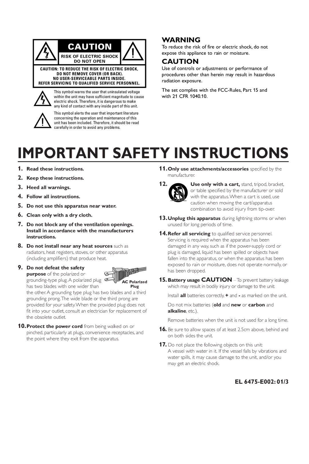 Yamaha DVD-S540 owner manual Important Safety Instructions, EL 6475-E002 01/3 