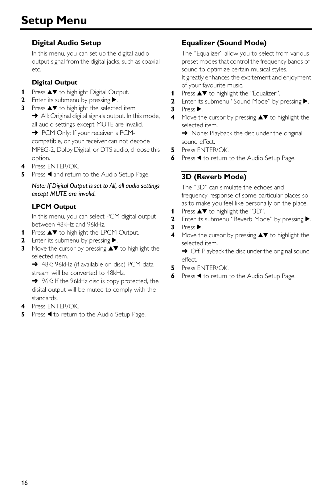 Yamaha DVD-S540 owner manual Digital Audio Setup, Equalizer Sound Mode, 3D Reverb Mode, Digital Output, Lpcm Output 