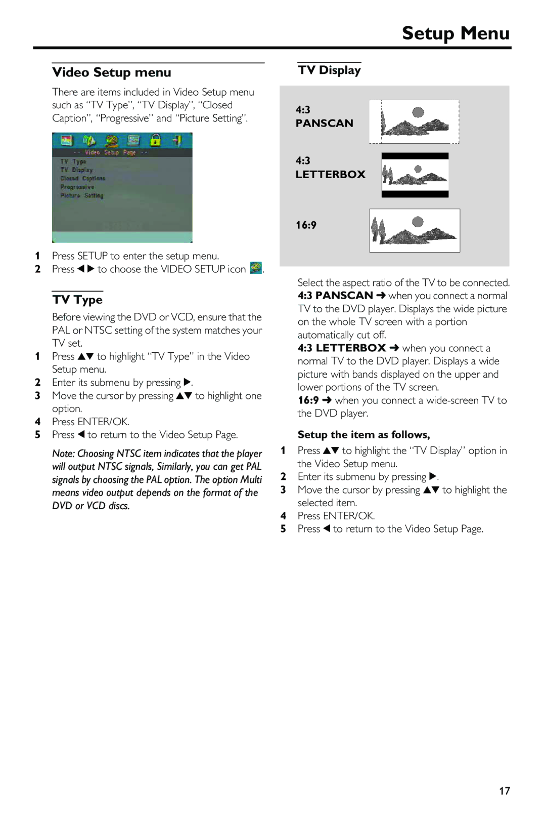 Yamaha DVD-S540 owner manual Video Setup menu, TV Type, TV Display, Panscan Letterbox 