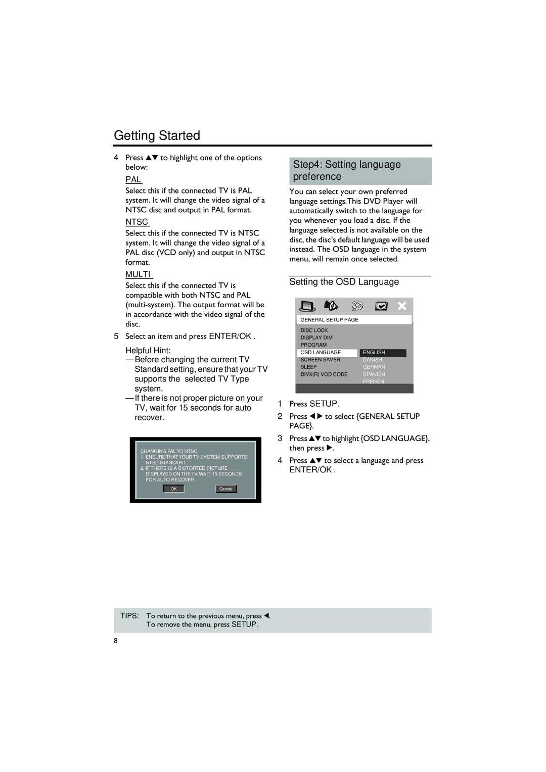 Yamaha DVD-S550 owner manual Setting the OSD Language, Press 34 to highlight one of the options below, Pal, Ntsc, Multi 