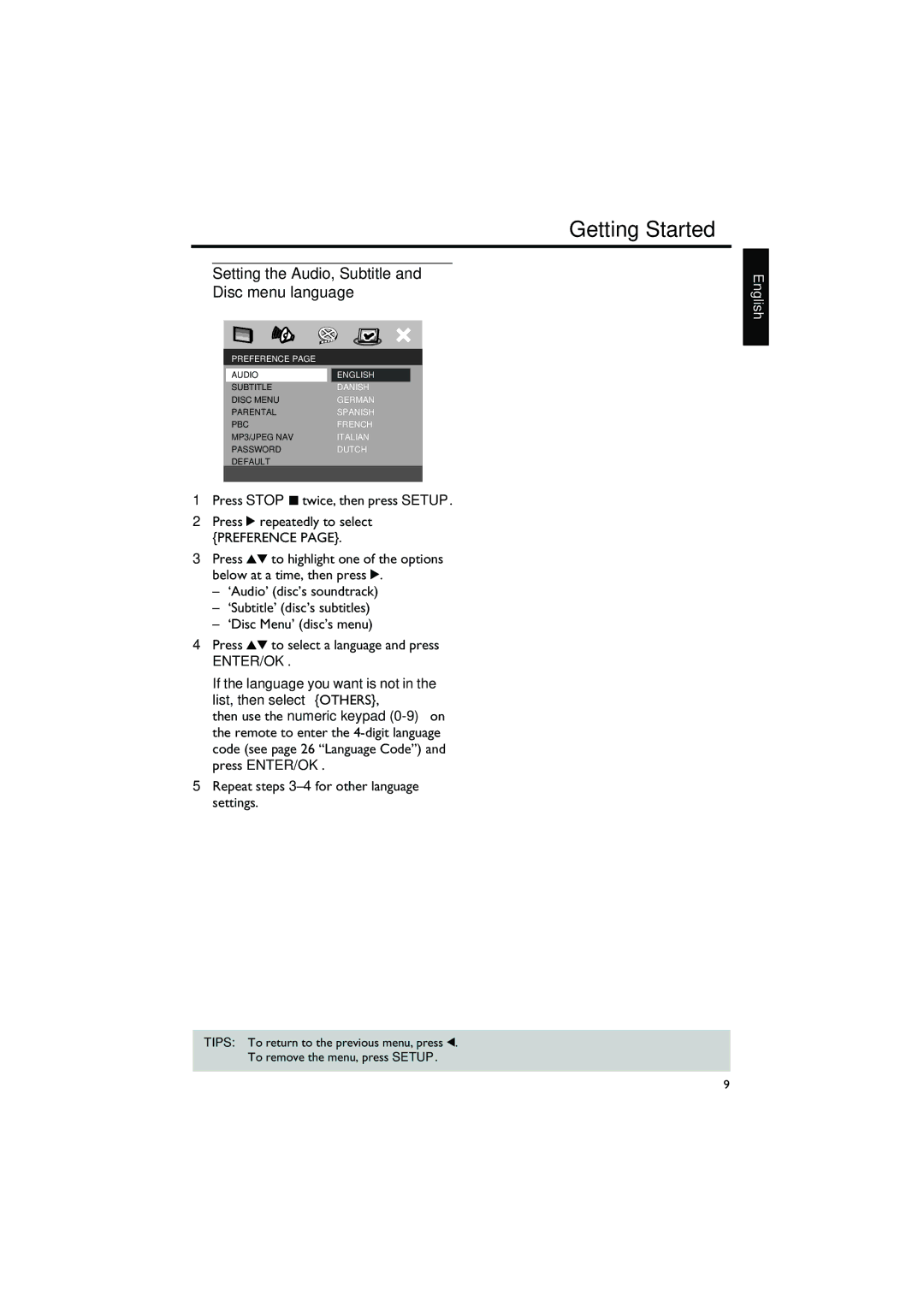 Yamaha DVD-S550 Setting the Audio, Subtitle and Disc menu language, Repeat steps 3-4for other language settings 