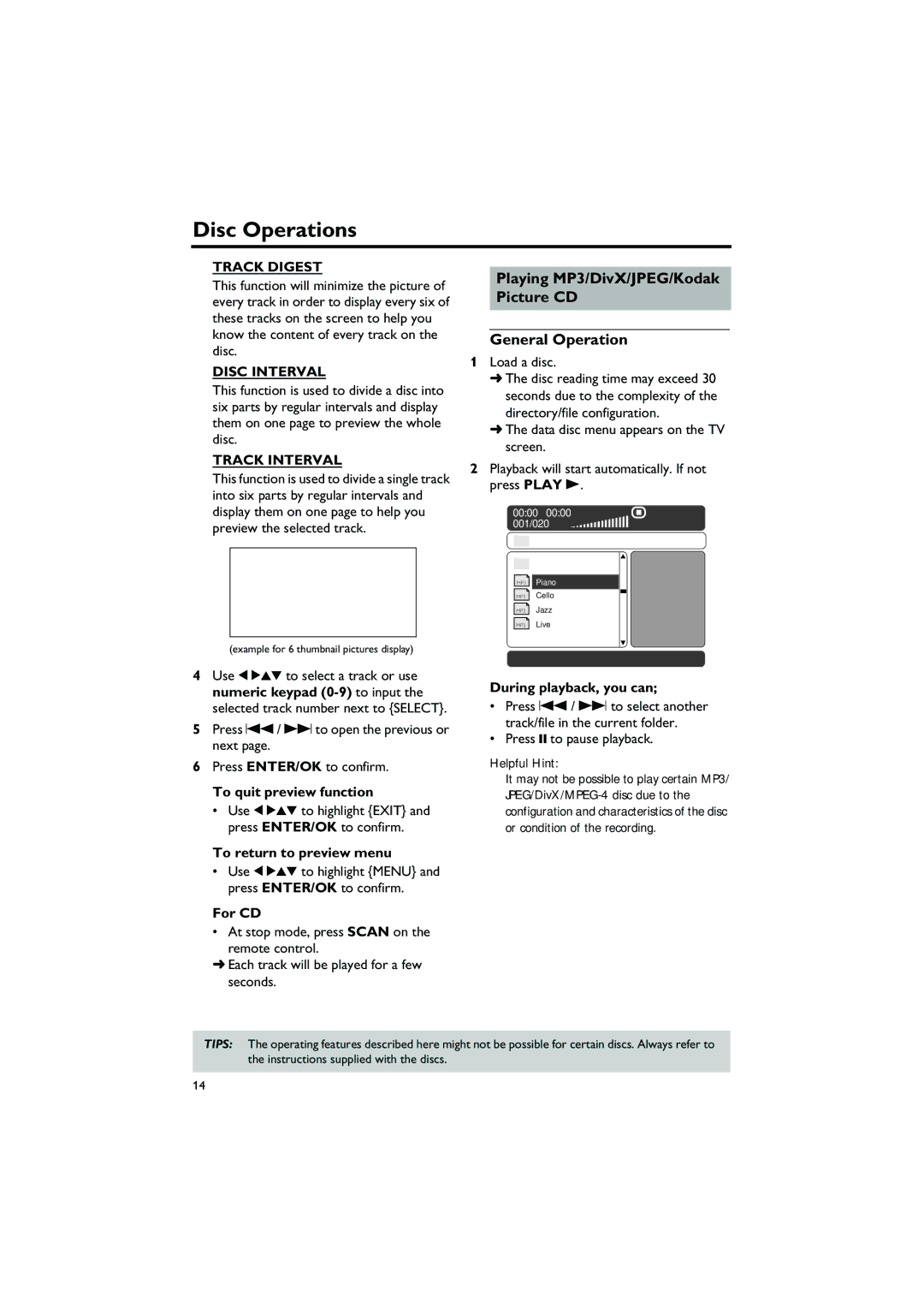 Yamaha DVD-S550 Playing MP3/DivX/JPEG/Kodak Picture CD General Operation, Track Digest, Disc Interval, Track Interval 