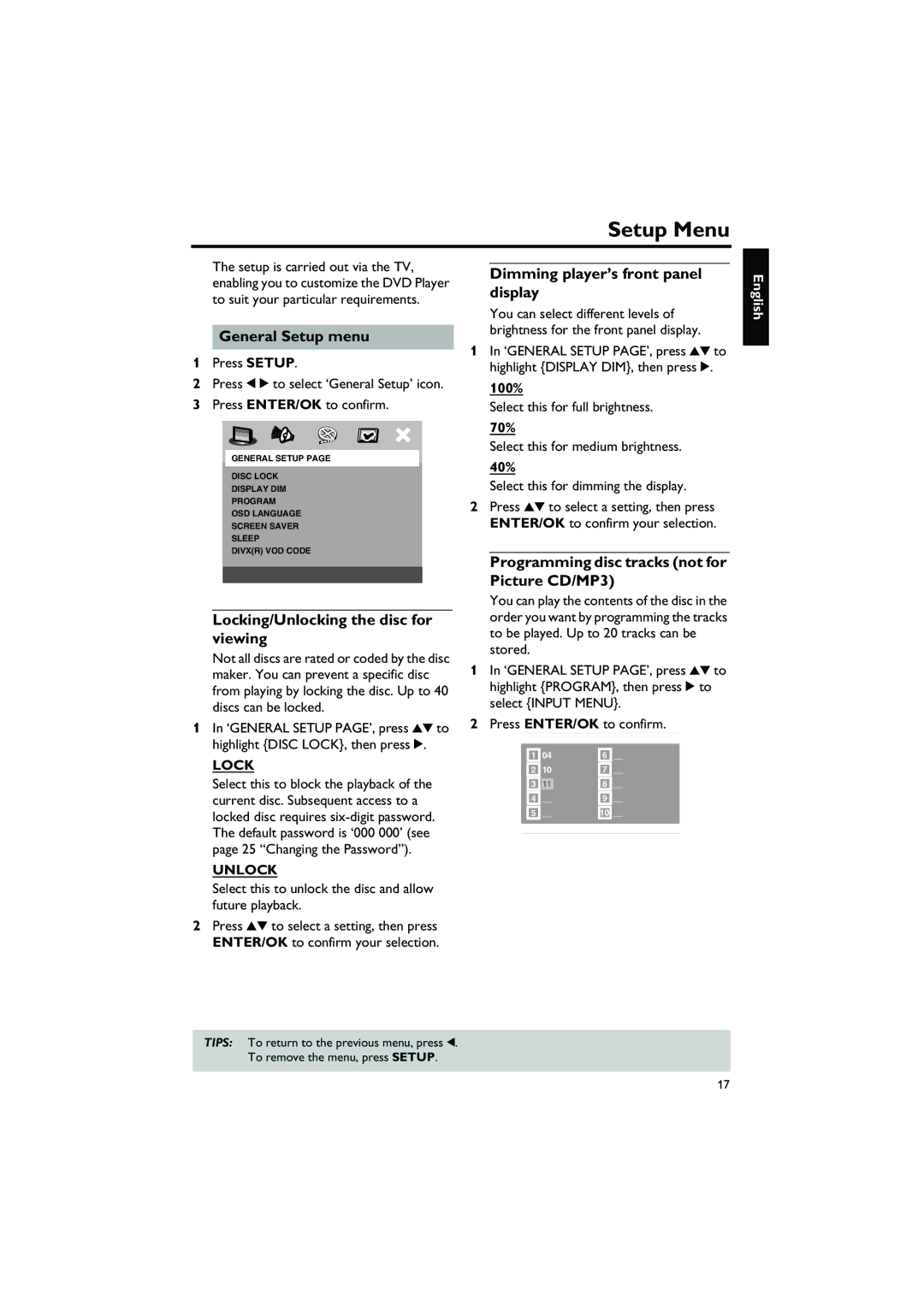 Yamaha DVD-S550 owner manual Setup Menu, General Setup menu, Locking/Unlocking the disc for viewing 