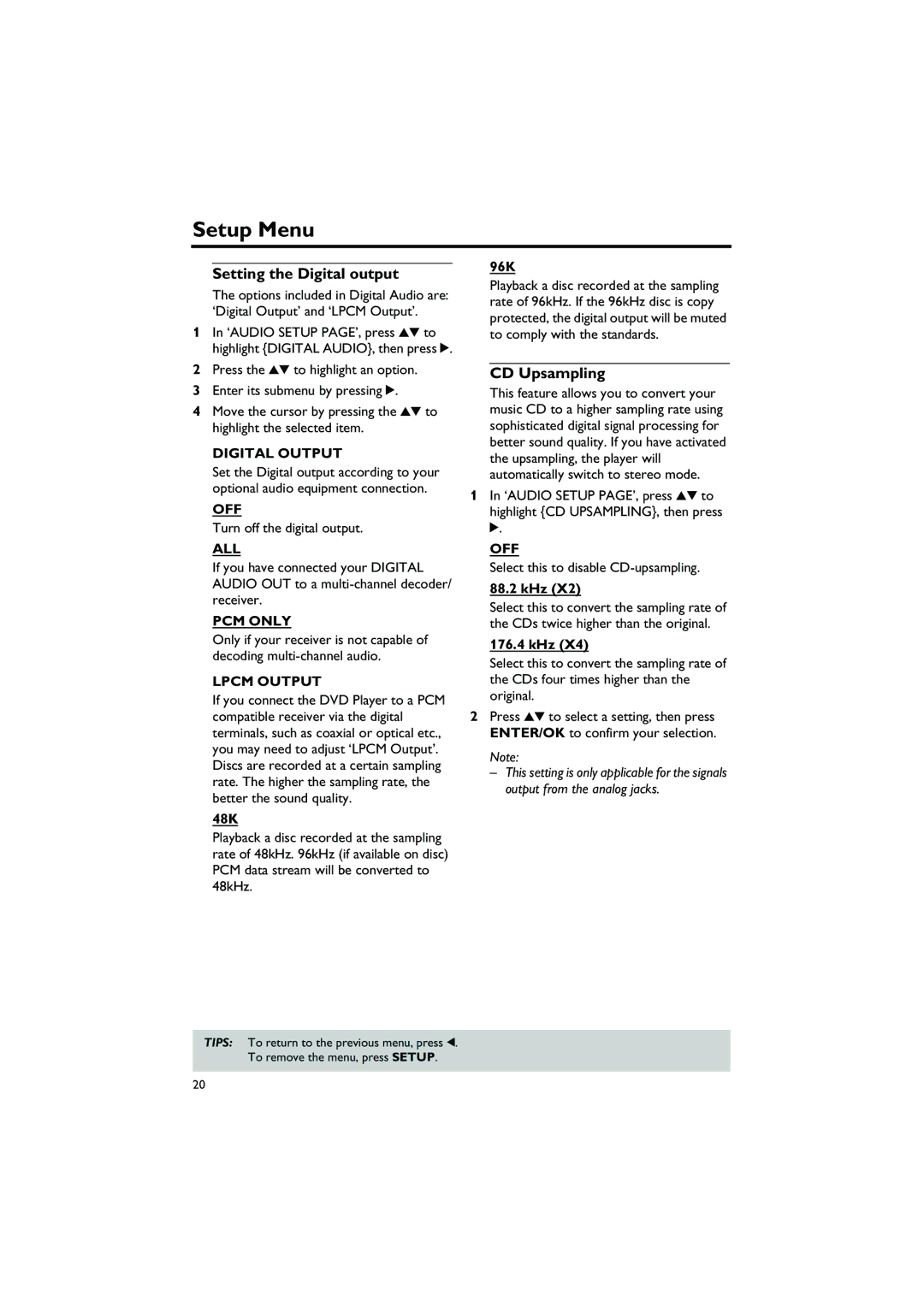 Yamaha DVD-S550 owner manual Setting the Digital output, CD Upsampling 