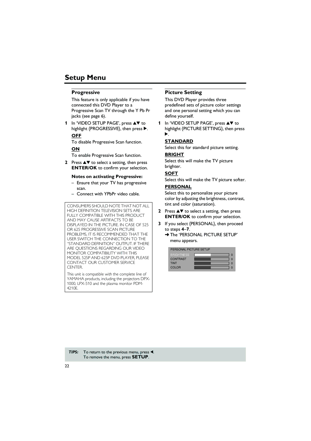 Yamaha DVD-S550 owner manual Progressive, Picture Setting 