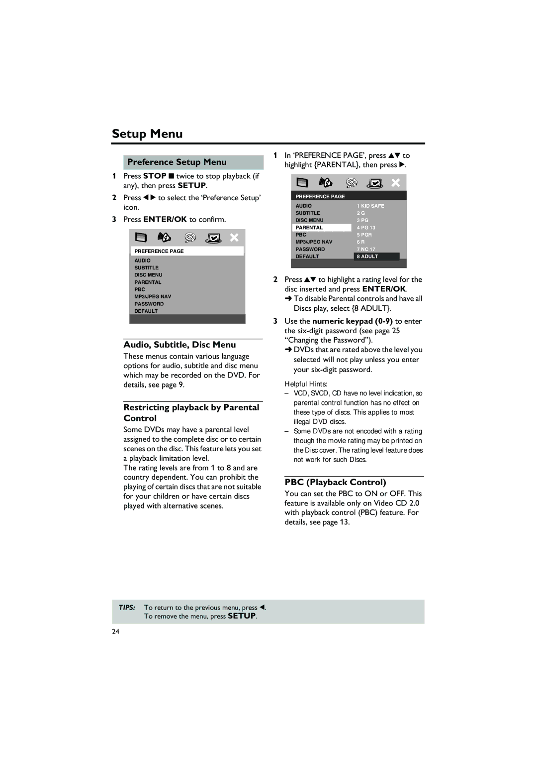 Yamaha DVD-S550 owner manual Preference Setup Menu, Audio, Subtitle, Disc Menu, Restricting playback by Parental Control 