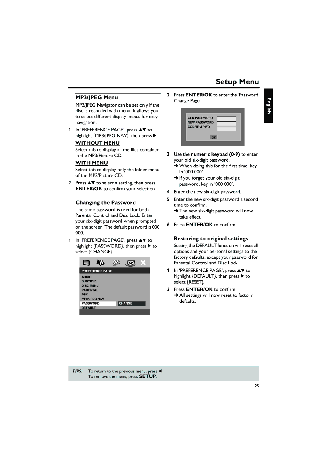 Yamaha DVD-S550 owner manual MP3/JPEG Menu, Changing the Password, Restoring to original settings, Without Menu, With Menu 