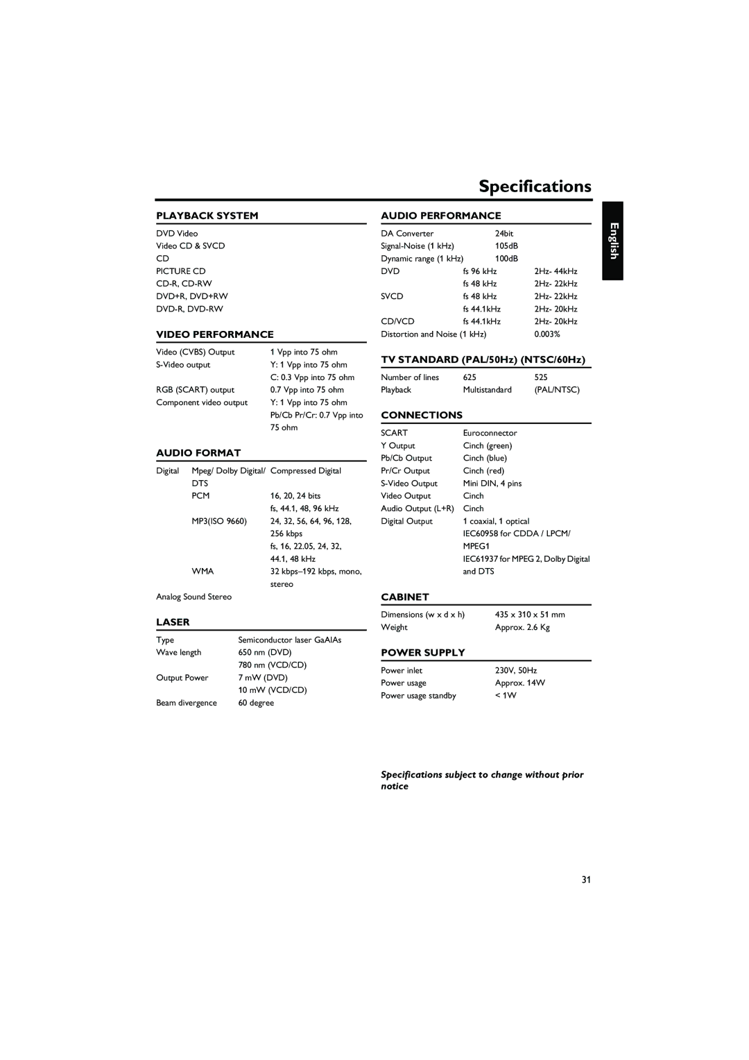 Yamaha DVD-S550 owner manual Specifications 