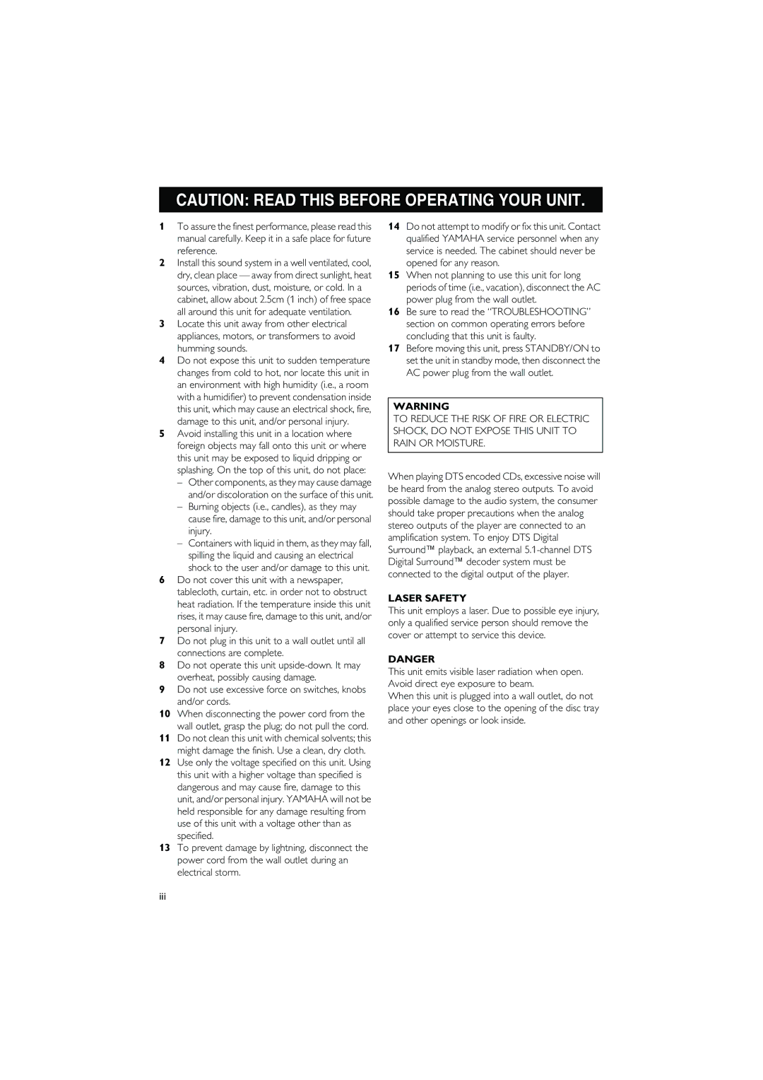 Yamaha DVD-S550 owner manual Do not use excessive force on switches, knobs and/or cords, Laser Safety 