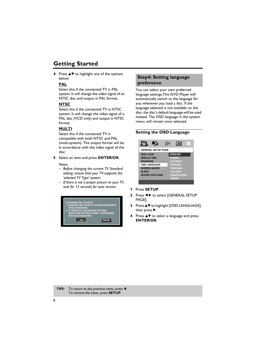 Yamaha DVD-S557 owner manual Setting the OSD Language, Press 34 to highlight one of the options below, Pal, Ntsc, Multi 