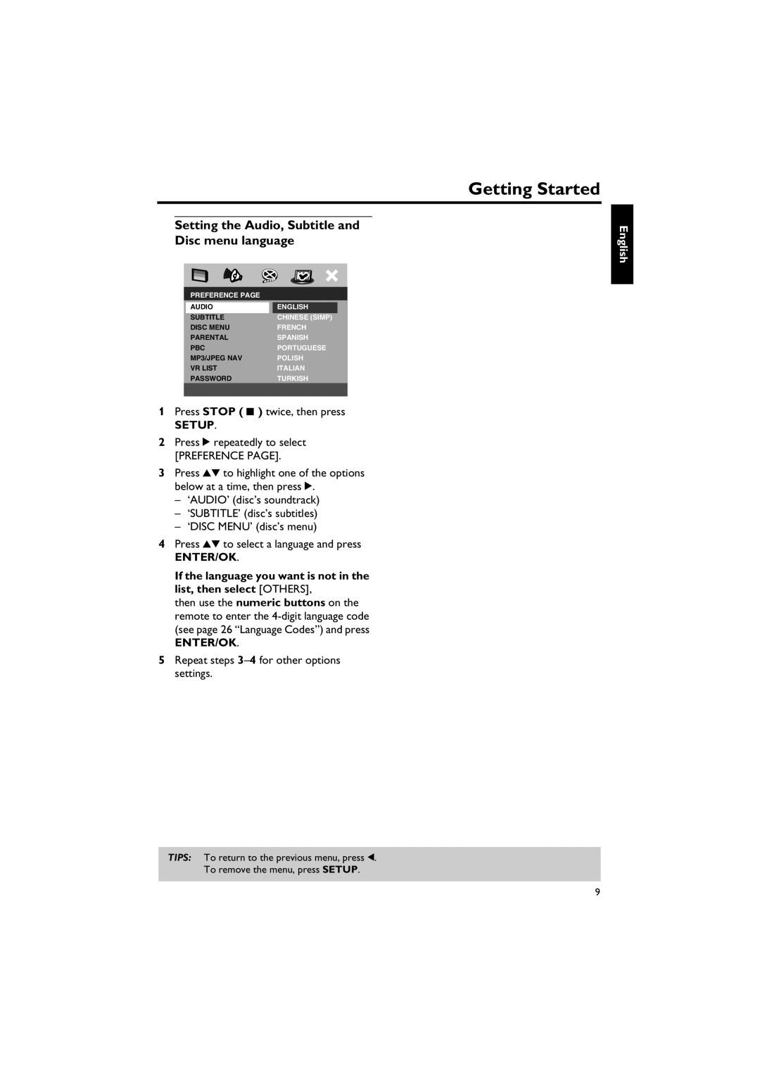 Yamaha DVD-S557 owner manual Setting the Audio, Subtitle and Disc menu language, Press Stop 9 twice, then press, Setup 