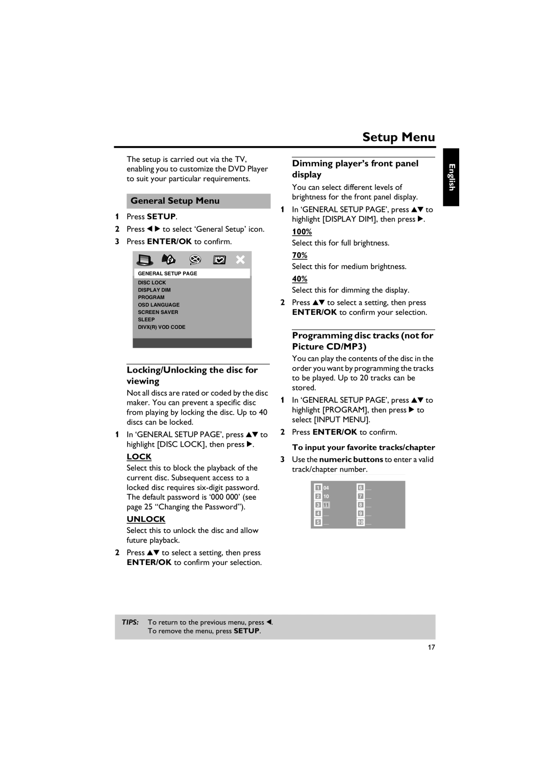 Yamaha DVD-S557 General Setup Menu, Locking/Unlocking the disc for viewing, Dimming player’s front panel display 