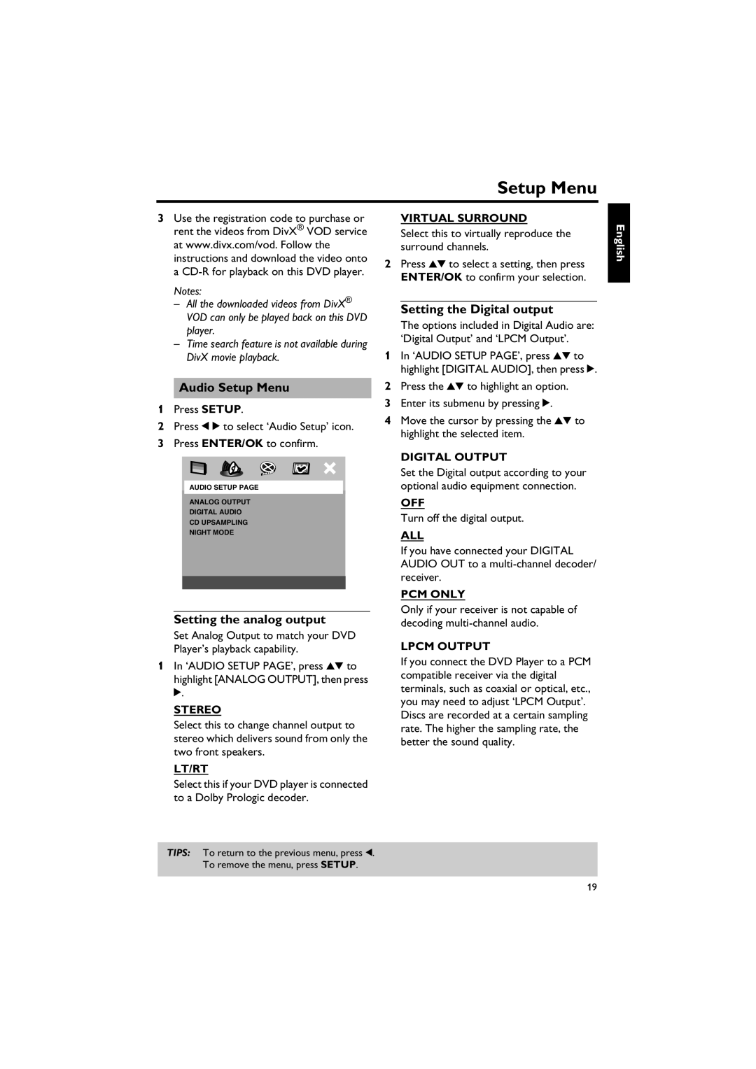 Yamaha DVD-S557 owner manual Audio Setup Menu, Setting the analog output, Setting the Digital output 