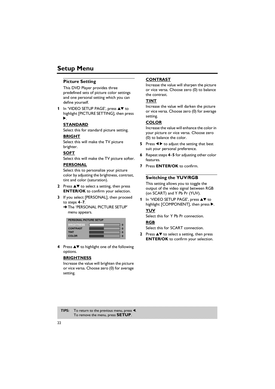 Yamaha DVD-S557 owner manual Picture Setting, Switching the YUV/RGB 