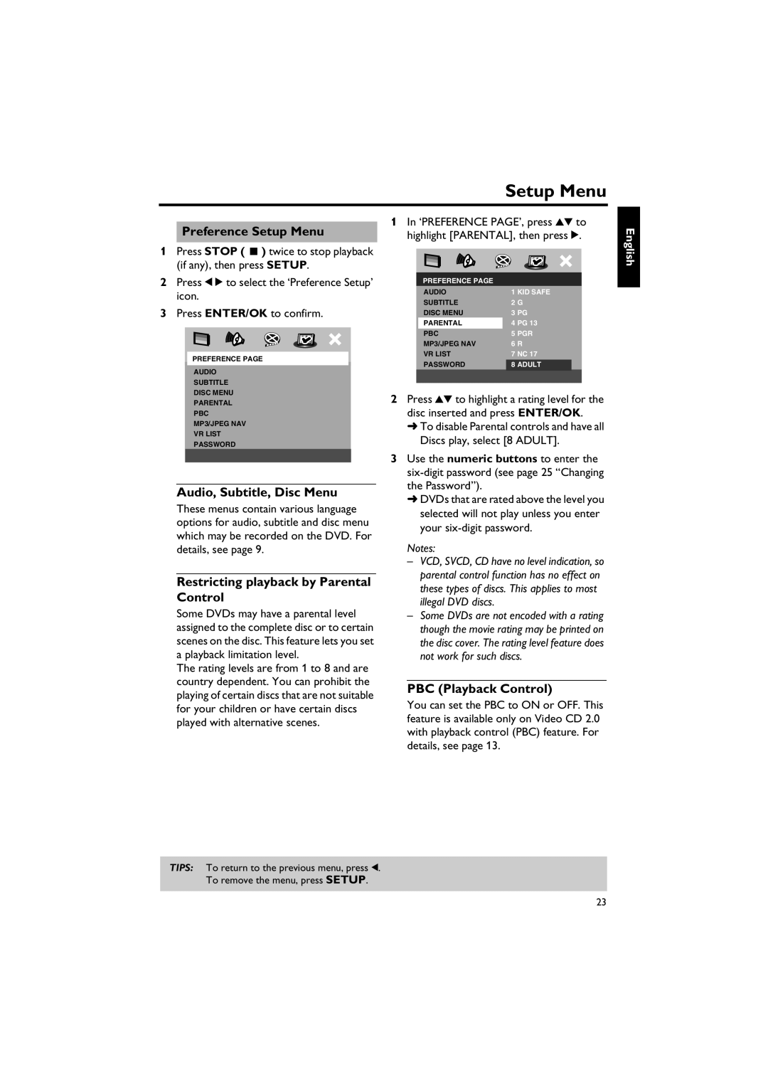 Yamaha DVD-S557 owner manual Preference Setup Menu, Audio, Subtitle, Disc Menu, Restricting playback by Parental Control 