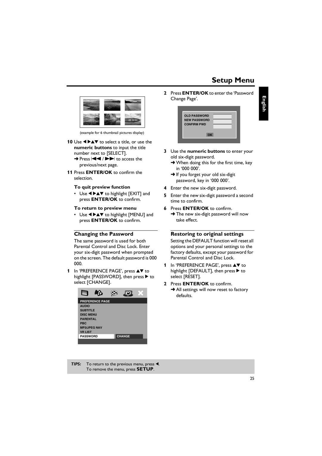 Yamaha DVD-S557 Changing the Password, Restoring to original settings, Press ENTER/OK to enter the ‘Password Change Page’ 