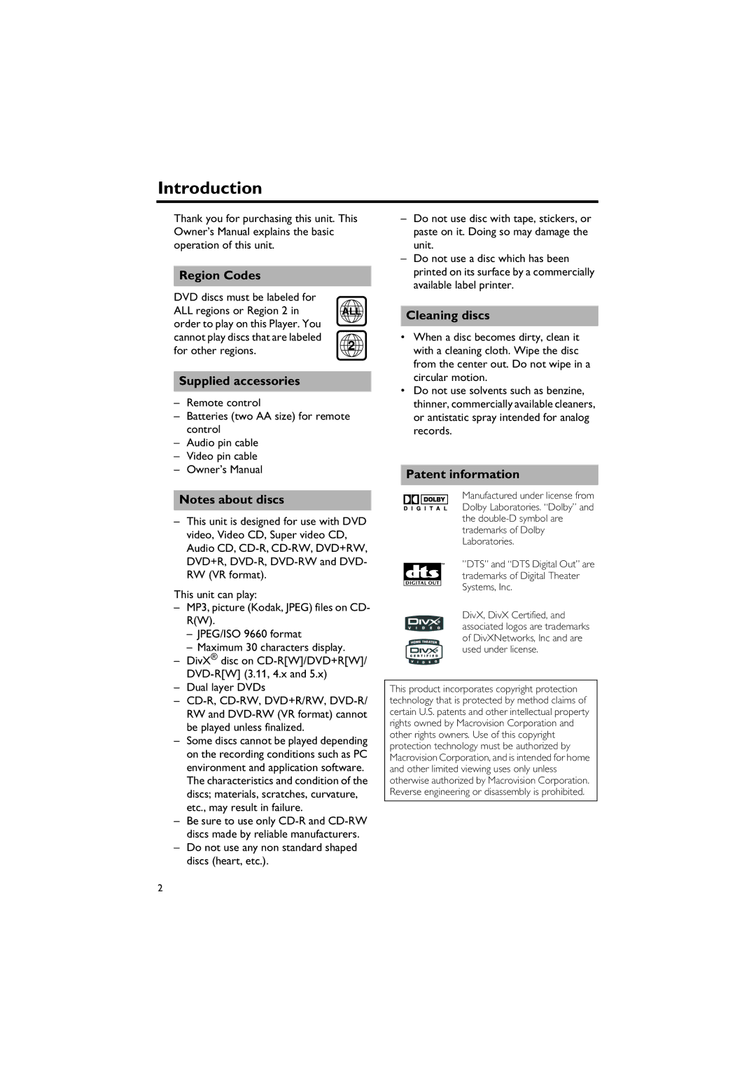 Yamaha DVD-S557 owner manual Introduction, Region Codes, Supplied accessories, Cleaning discs, Patent information 