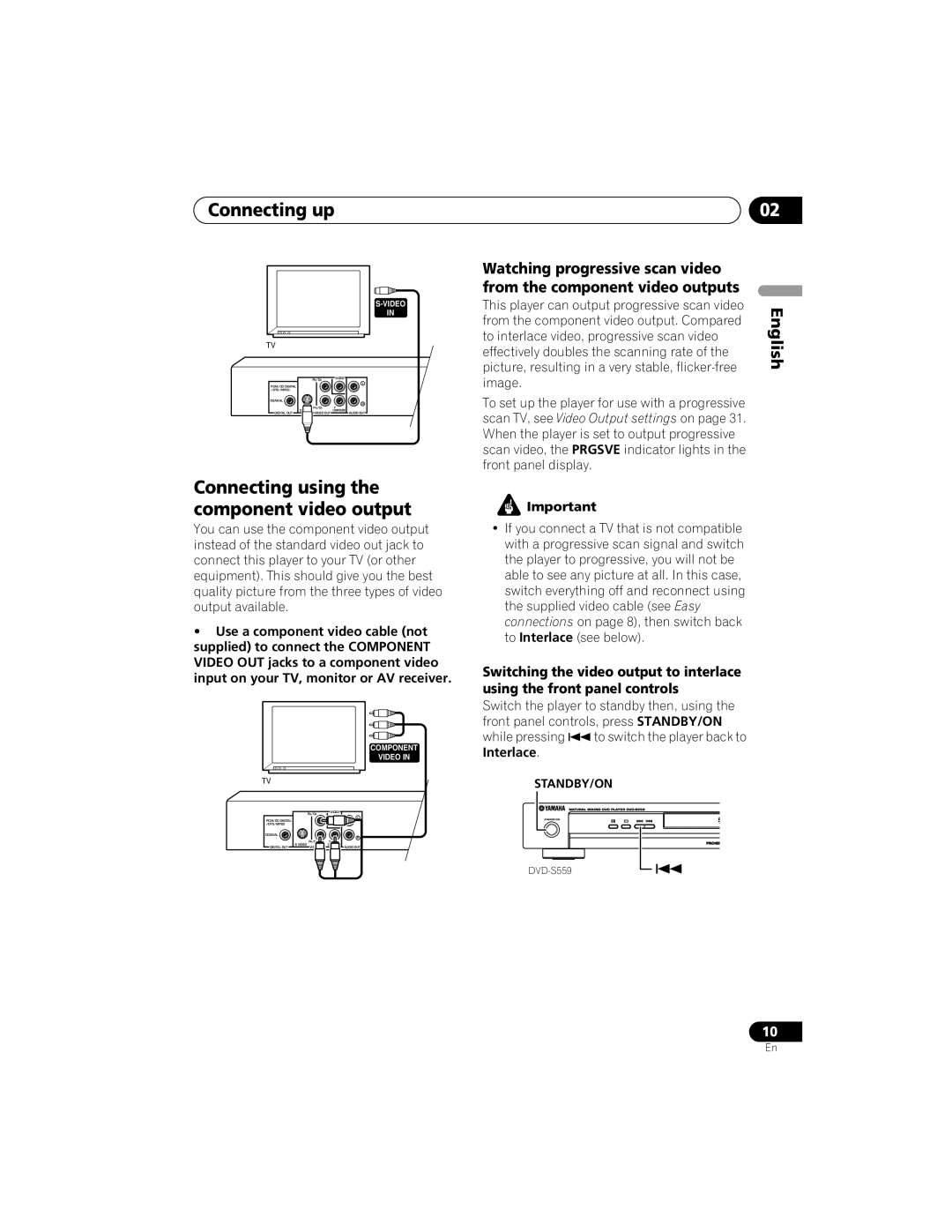 Yamaha DVD-S559 Connecting using the component video output, This player can output progressive scan video, Interlace 